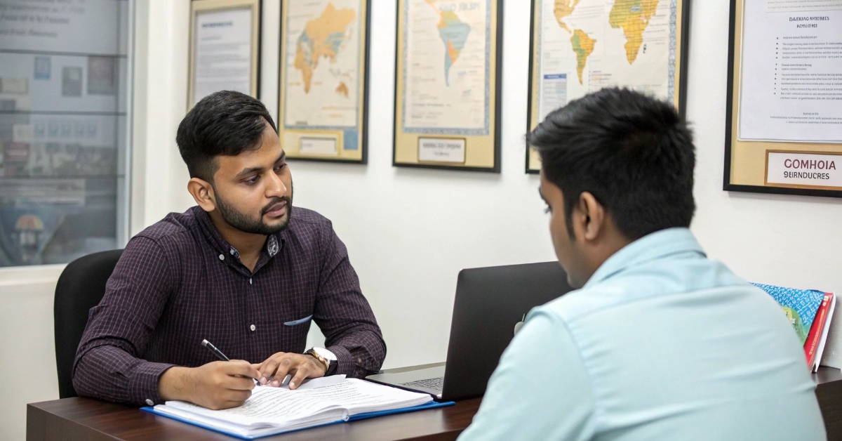 A consultant taking notes while advising a client about immigration services from Migration Consultants in Kochi.