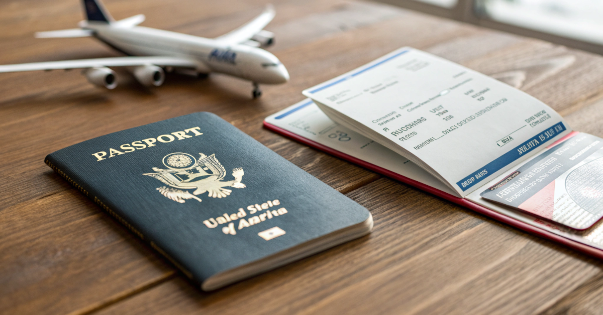 US passport, airline tickets, and a model airplane on a wooden table, representing migration service providers in Kerala.