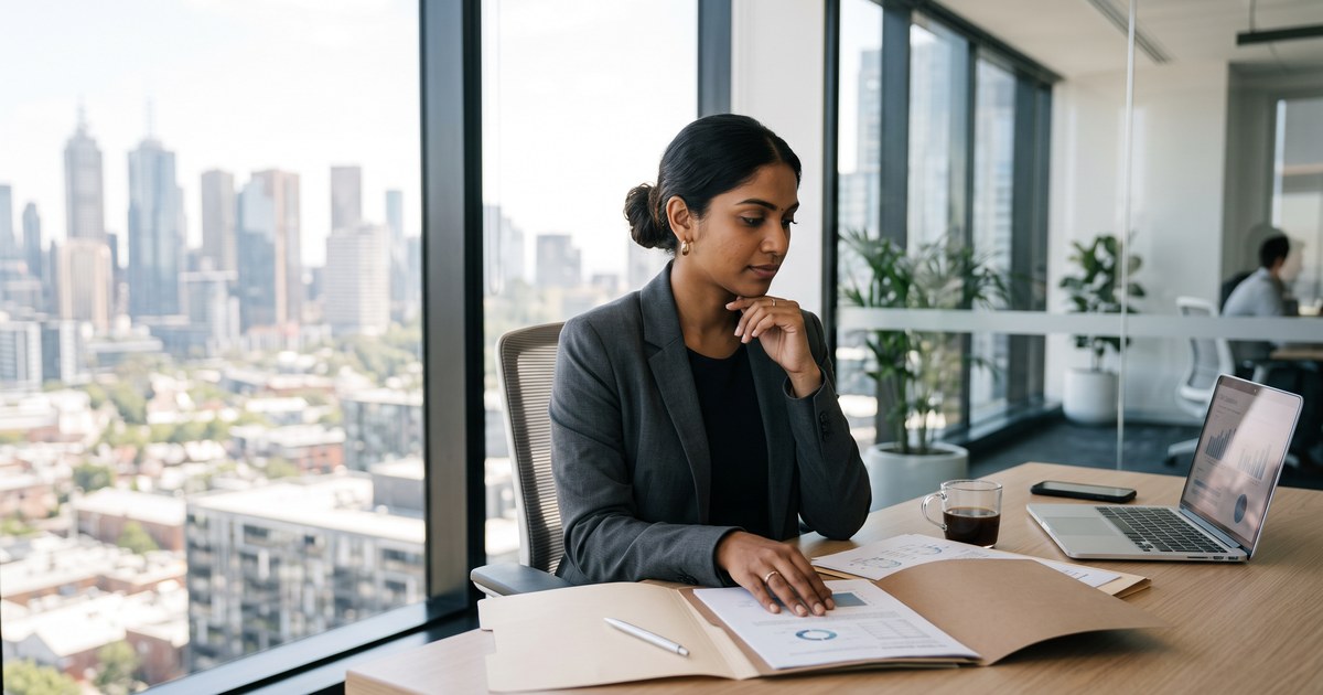 Professional comparing three visa options with an Australian city skyline behind, representing skilled immigration visa australia choices