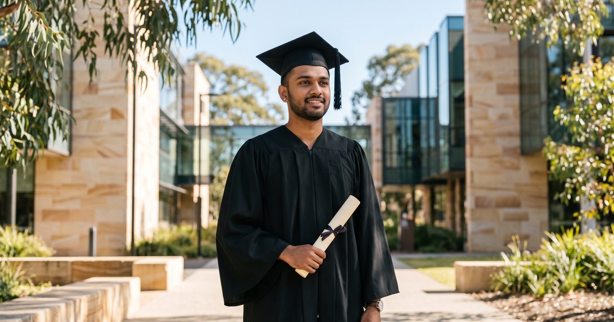 Graduate on an Australian university campus representing the route from student visa to australia skilled migrant status
