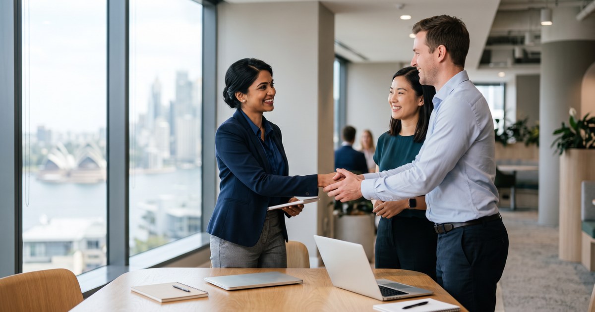 Professional being welcomed into an Australian workplace representing the 186 visa australia employer nomination route